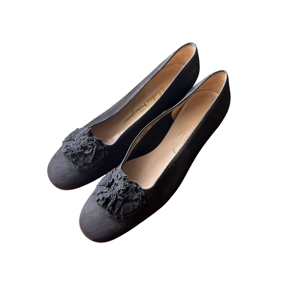 SALVATORE FERRAGAMO Suede Embellished Short Heel Shoes VINTAGE Black 6.5